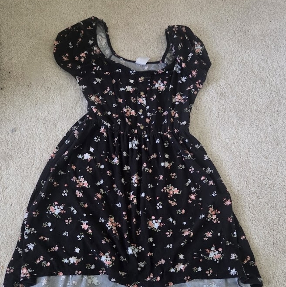 H&M Black Floral Girls Dress with Pink & White Blossoms